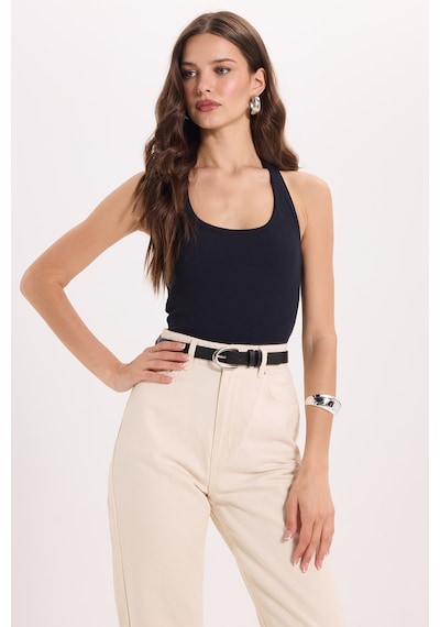 Tudors Kadın Slim Fit Dar Kesim Pamuklu Halter Yaka Kaşkorse Lacivert Crop-50710