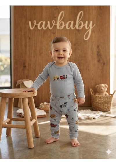 Vavbaby 2li Desenli %100 Pamuklu Kız Bebek Body Pantolon Takım-araba Gri