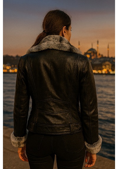 Hmo Store Buz Şerit Premium Hakiki Kürklü Deri Ceket Siyah