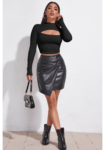 Fantezia Night Kadın Kırmızı Göğüs Dekolteli Uzun Kollu Cut Out Crop Top Bluz SIYAH