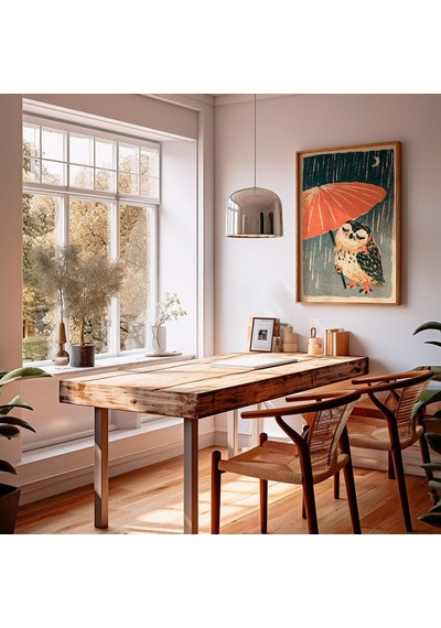 Yağmurda Baykuş Baskısı Japon Ahşap Baskı Tarzı Sanat Hüzünlü Gece Posteri