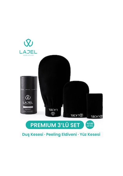 Lajel Premium Siyah 3'lü Kese Seti, Peeling Eldiveni, Yüz Kesesi Floş Ipek Normal,orta,hassas Ciltle
