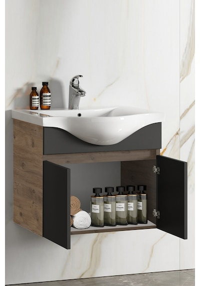 65 Cm Atlantik Çam-Antrasit Gri Mat Mdf Lavabolu Banyo Alt Dolabı Antrasit - Atlantik Çam