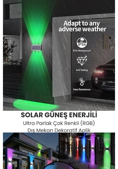 Trendpoint 1adet Solar Çift Taraflı 6ledli Aplik Rgb Işık Duvar Lamba Bahçe Aydınlatma Güneşle Şarj