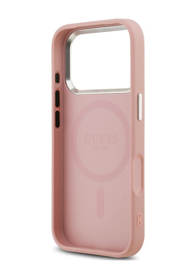 Apple Uyumlu iPhone 17 Pro  Kılıf Guess Lisanslı M-safeli Metal Kamera Çerçeveli Üçgen Logolu Glitter Pembe Pembe