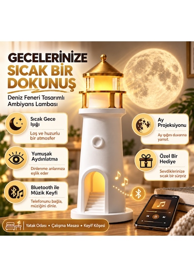 Hymark Deniz Feneri Ay Led Projeksiyon Lamba Bluetooth Hoparlör Kumanda Dimmer 2400 Mah Pil Beyaz