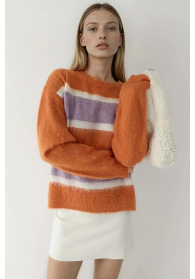 Hiccup Relaxed Fit Renkli Çizgili Triko Kazak Neon Pembe