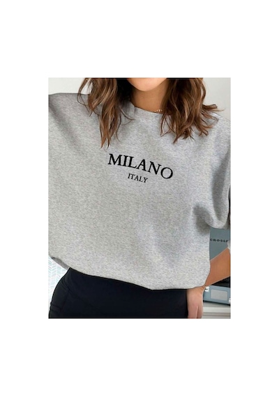 Herkesemoda Milano Baskı Detaylı Bisiklet Yaka İçi Polarlı Sweatshirt Gri