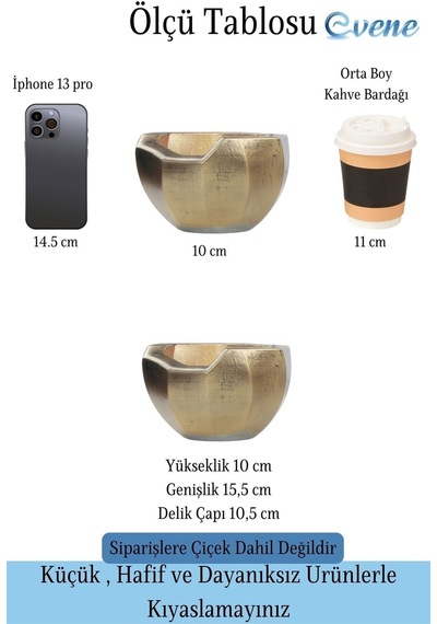 Saksı Çiçek Kaktüs Saksısı Lüx 15 Cm Gümüş Eskitme Varak Boyalı Önü Açık Desen Saksı Çiçeklik - Altın Eskitme
