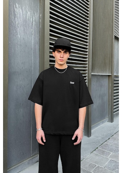 Flaw Nakışlı Oversize Tişört Siyah Siyah