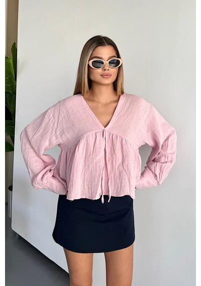Jee Lee Kadın V Yaka Bağlama Detaylı %100 Pamuklu Bluz Pembe - 26y 1003 Pembe