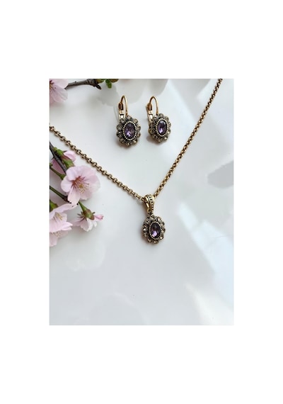 Kristal Taşlı Oval Kolye Ve Küpe Seti Mor