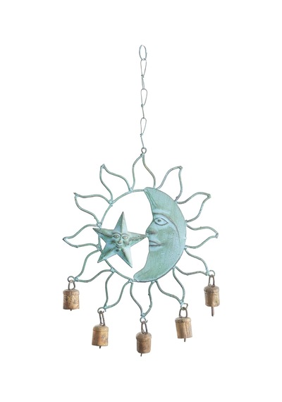 Deco 79 Metal Güneş Ve Ay Çanı Çanlı, 33 Cm X 28 Cm X 2,5 Cm, Turkuaz