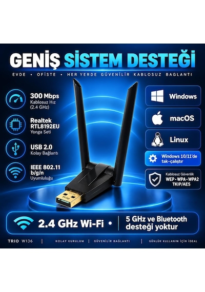 Trıo W136 300mbps Realtek Rtl8192eu Kablosuz Wifi Adaptör, Çift Antenli Usb Wireless Dongle, Pc Laptop Notebook İçin Usb Wifi Alıcı, Windows 10/11 Uyumlu Tak Çalıştır Kablosuz İnternet Adaptörü