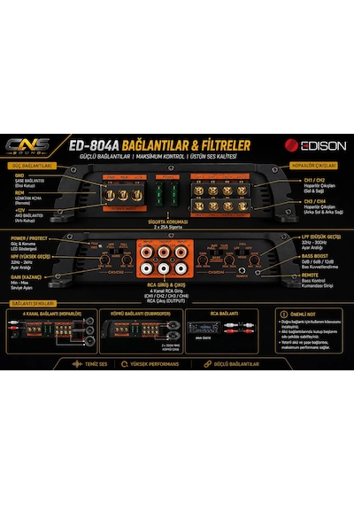 Edison Ed-804a 4 Kanal Ab Class Oto Amfi 4x80w Rms / 4x120w Rms / 2x200w Köprü Bass Kontrol Dahil