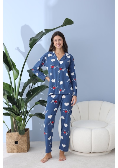 Pemilo Kadın 30013 Boydan Düğmeli Uzun Kol Pijama Takımı Mavi Mavi