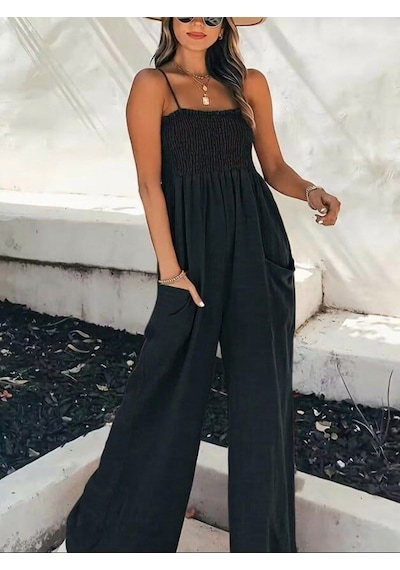 Meridefashion İp Askılı Göğsü Lastik Detaylı Cepli Uzun Tulum - 12025 Siyah