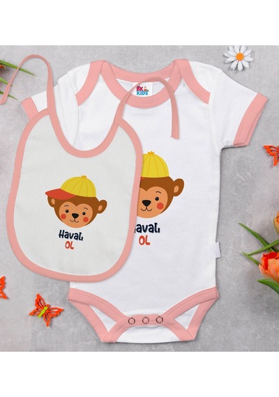 Bk Kids Havalı Ol Tasarımlı Pembe Bebek Body Zıbın Ve Mama Önlüğü Çok Renkli