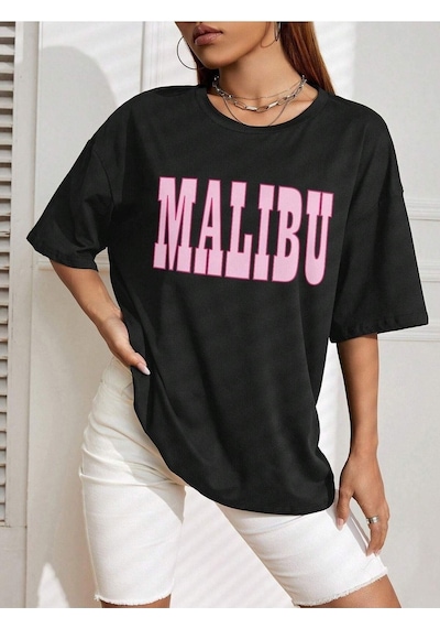 Malibu T-shirt - Siyah Baskılı Oversize Bisiklet Yaka Kısa Kol Tişört Siyah Malibu T-shirt - Siyah Baskılı Oversize Bisiklet Yaka Kısa Kol Tişört Siyah