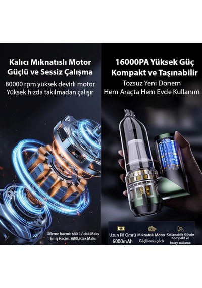 110w Ultra Güçlü Turbo Araç Ev Süpürgesi Araba Yıkama Süpürgesi 1 Saat Kullanım Şarjlı