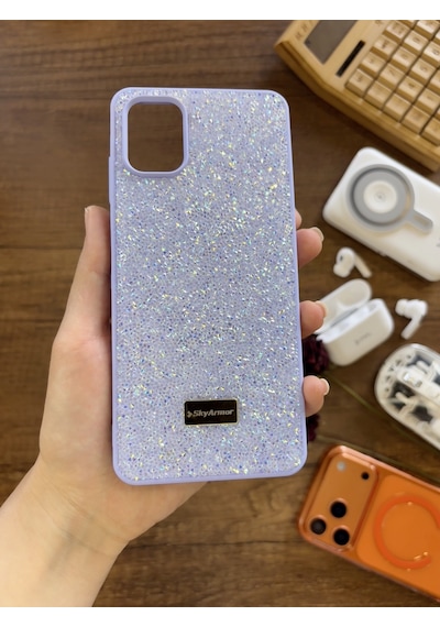 Samsung A06 Uyumlu Kadife İç Yüzey Tasarımlı Taşlı Işıltılı Parlak Pırlanta Kılıf Dia Plus Lila