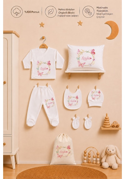 Pia Baby Kız Bebek Hastane Çıkışı Hediye Seti 8 Parça Zıbın Set %100 Pamuk Battaniye Yastık Ve Kese 1077zybk0x Krem