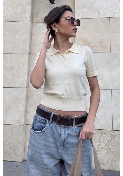 Ekru Slim Fit Polo Yaka Triko Tişört Mg2805