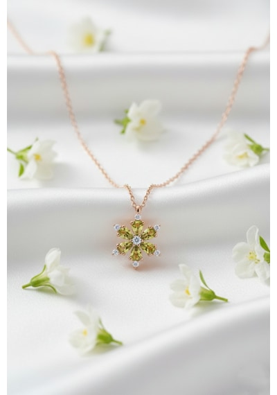 Çekirdekjewelry 925 Ayar Gümüş Zeytinyağı Taşlı Kamelya Çiçeği Kolye Rose