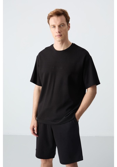 Siyah Pamuklu Kalın Yumuşak Dokulu Oversize Fit Basic Erkek Şort Takım - 85257