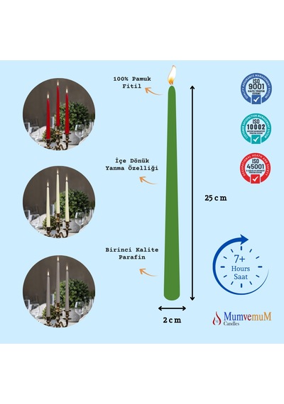 4 Lu Yeşil Konik Şamdan Mum Yeşil