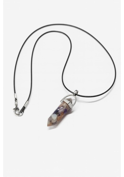 Doğal Kristal Kolye Siyah Deri Kordonlu Unisex Kristal Taş Kolye Altın