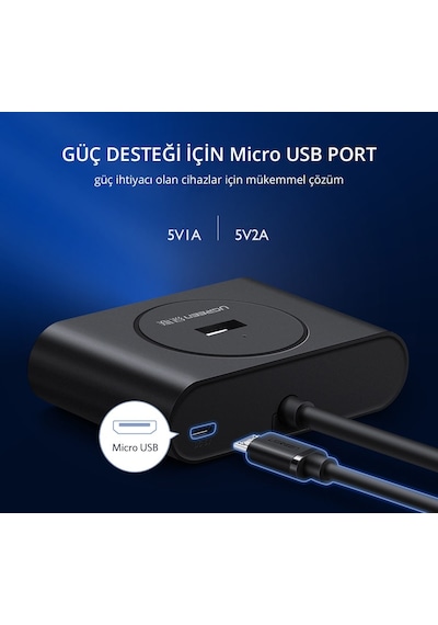 Ugreen 40850 Usb A/Usb C To 4 Port Usb 3.0 Hub Çoklayıcı Siyah 1M