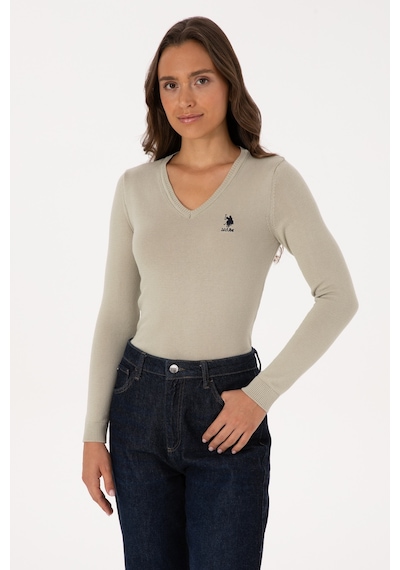 U.S. Polo Assn. Kadın Açık Haki  V Yaka Basic Kazak 50307712-VR183