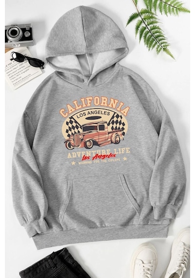 Uyguntarz Unisex California Baskılı Kapüşonlu Sweatshirt Gri