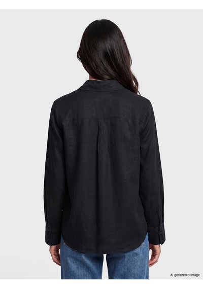 Lcw Vision Siyah Oversize Kadın %100 Keten Gömlek