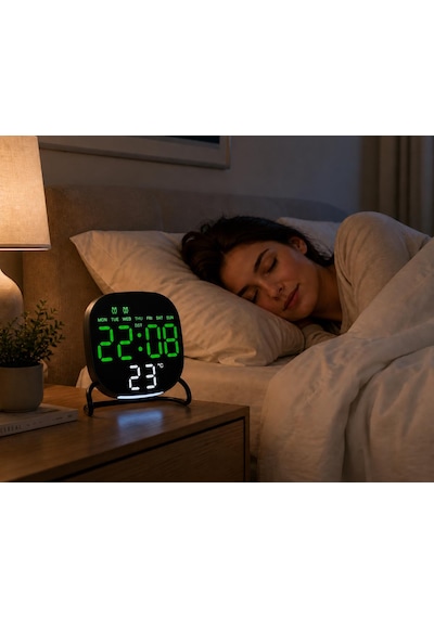 Valkyrie Dijital Yeşil Led Siyah Masa Saati Alarm Beyaz Derece 3 Kademe Işık, Usb Destekli Modern Gece Lambalı Saat 06922352