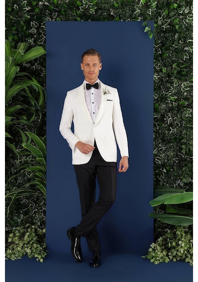 Efor Black 034 Slim Fit Saten Yaka Çift Yırtmaçlı Damatlık Ekru Smokin Ceket Ekru