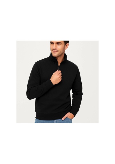 Erkek Dik Yaka Sweatshirt Dik Yaka Yarım Fermuarlı 3 İplik Pamuk Kumaş - Siyah