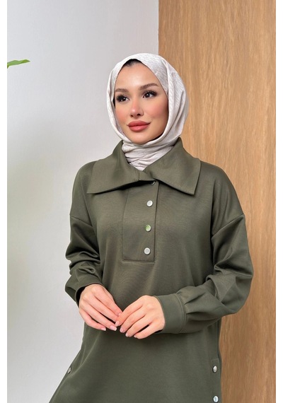 Mihran Butik Soho Elegance Yaka Detaylı Kadın Tesettür Alt Üst Takım Haki