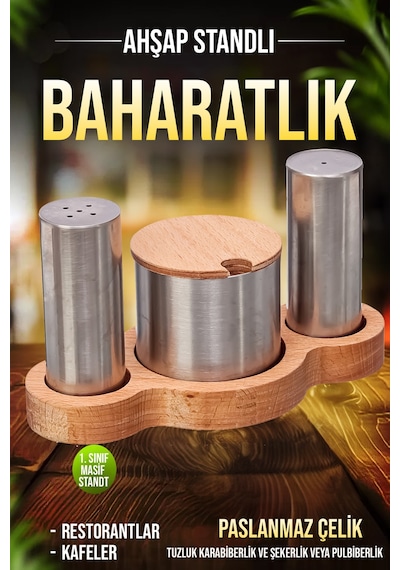 Paslanmaz Çelik Ahşap Stantlı Tuzluk Şekerlik Ve Karabiberlik Seti Kafe Restorant Baharatlık Seti Diğer