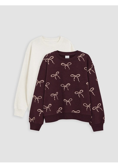 LC Waikiki Lcw Kids Bordo Baskılı Kız Çocuk Kalın Sweatshirt 2'li Lıght Bordeaux P
