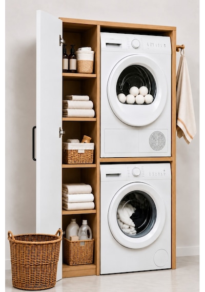 Rudu Noa Çamaşır Ve Kurutma Makinesi Dolabı, Banyo Dolabı 92x65x184 Cm 1 Kapaklı 5 Raflı - Meşe-beyaz Meşe - Beyaz