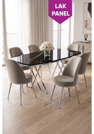 Peras Serisi 90x160 Lak Panel Siyah Mermer Desen Krom Ayaklı Masa Takımı 6 Sandalye Siyah Mermer - Cappucino Peras Serisi 90x160 Lak Panel Siyah Mermer Desen Krom Ayaklı Masa Takımı 6 Sandalye Siyah Mermer - Cappucino