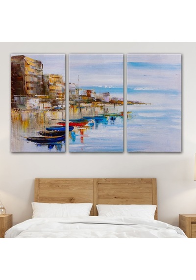 Es10 Özel Tasarım Sahildeki Renkli Tekneler Dekoratif Kanvas Duvar Tablosu-3723 (50 x 70)