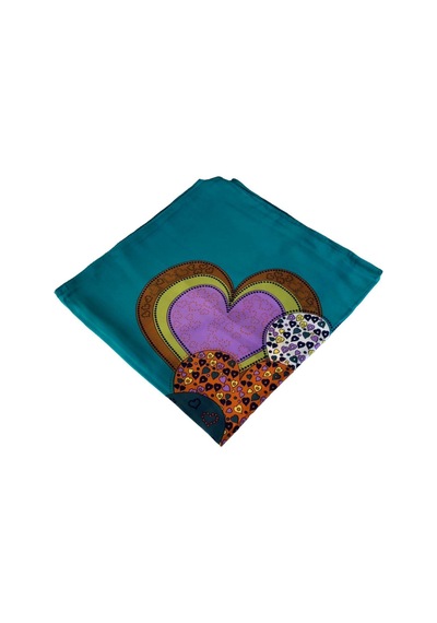 Tikitonki Kare Kesim Kalp Desenli Saten Yeşil Eşarp - 90x90 Karışık Karışık