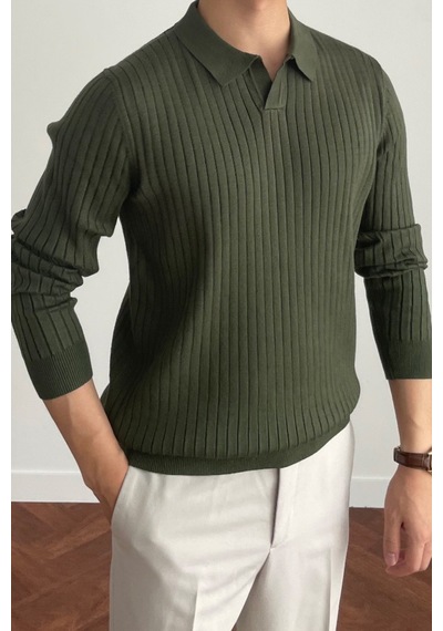 Cool Tarz Erkek Polo Yaka Triko Kazak Slim Fit Fitilli Haki