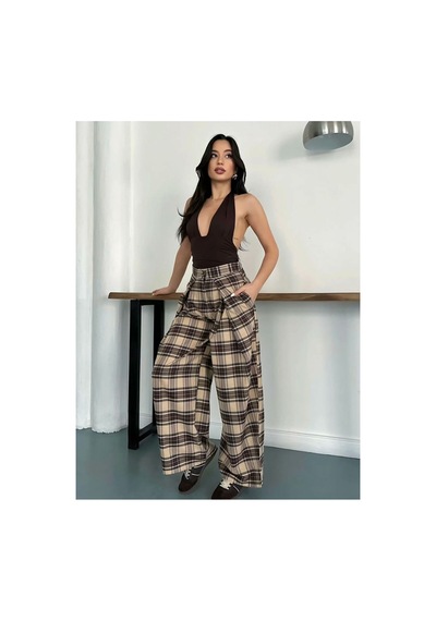 Asur Boutique Asur Butik Kadın Fular Detaylı Ekose Pantolon Bej