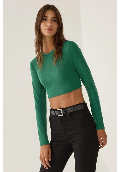 Hiccup Slim Fit Örme Crop Bluz Yeşil