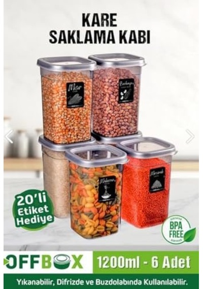 Offbox 6 Lı 12 Parça 1,2 Litre Kare Erzak Saklama Kutusu Takımı 20 Etiketli Baharatlık Diğer