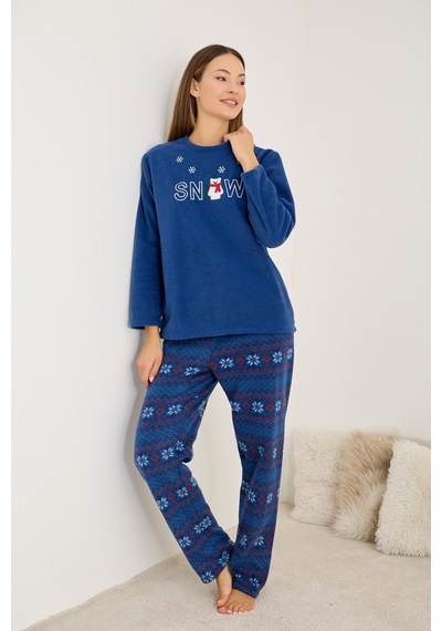 Siyah İnci Temalı Nakışlı Polar Kışlık Örme Pijama Takım 25222078 Lacivert